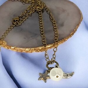 Antique look Star Moon & Pearl Charm Necklace Antique Gold Grunge Celestial